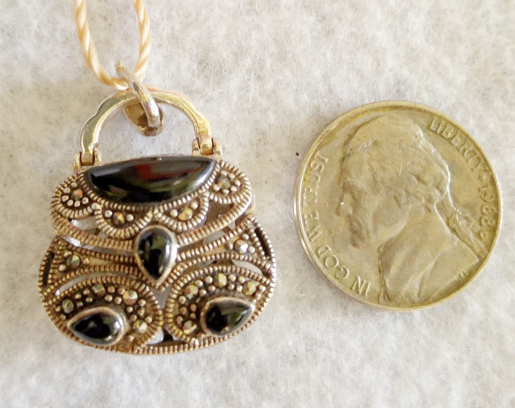STERLING SILVER, ONYX AND MARCASITE PENDANT